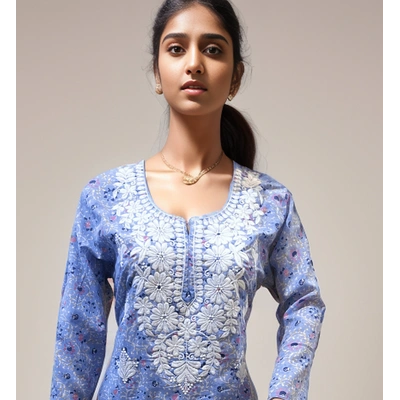 Lucknowi Chikankari Fine & Heavy Work Printed Mul Cotton Kurti for Girls