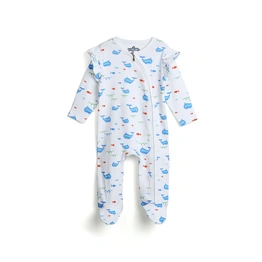 Bambino West Organic Cotton Girls Sleepsuir Aqua Color with Whale Prints 0 to 18 months