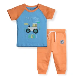 Bambino West 100% Organic Cotton Baby Boys Clothing Set Half Sleeve T-Shirts (Blue&Orange) with Causal Joggers (Orange) Farmland Theme