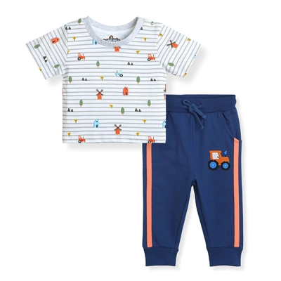 Bambino West 100% Organic Cotton Baby Boys Clothing Set Half Sleeve T-Shirts (Light Grey) with Causal Joggers (Blue) Farmland Theme