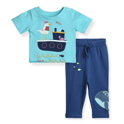 Bambino West 100% Organic Cotton Baby Boys Clothing Set Half Sleeve T-Shirts ((Blue)) with Causal Joggers (Navy Blue) Farmland Theme