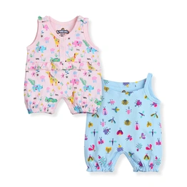 Bambino West 100% Organic Cotton Multicolor Baby Girls Sleevless Printed Bodysuit Rompers in Pink and Blue Color -Combo of 2 Bodysuit