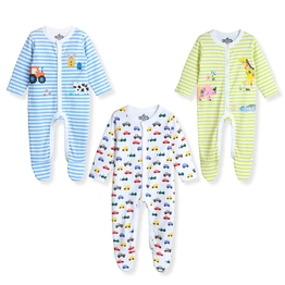 Bambino West 100% Organic Cotton Multicolor Baby Boys Round Neck Printed Full Length Footed Sleepsuit Nightwear Suit - Combo of 3 Sleepsuit