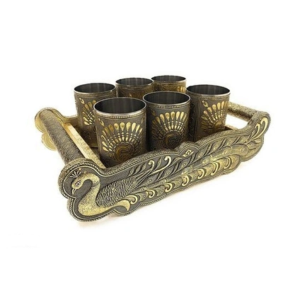 Meenakari Wooden Serving Tray,Indian Traditional Peacock Design Water Drinking Glass,Tray Serving Set,Water Serving Tray &Glass.