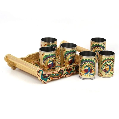 Set of 6 Stain Less Steel Handicrafts Glass Indian Hand Made Meenakari Work Peacock Design Golden Color Diwali Christmas Tumbler Gift Set Item (Golden Glass with Tray)