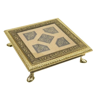 Wooden Meenakari Square Chowki/Patla for House and Office Temple, Pooja Bajot, Chourang Golden