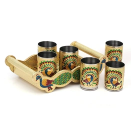 Meenakari Peacock Design Glass with Handle and Handicraft Serving Tray Set Wooden Golden Meenakari Tray, Rectangular