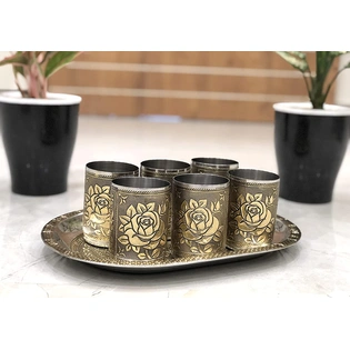 Handicrafts Steel-Meena Worked Golden 6 Glass -Tray Serving Set Diwali Gifts Christmas Gift Dinning Set Tableware Home Utility Glass Set