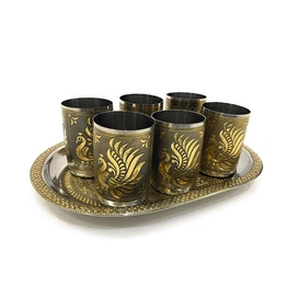 Stainless Steel 6 Glass with Serving Tray, Peacock Design Gold