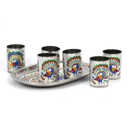 Handicrafts Steel-Meena Worked Silver Looking 6glass -Tray Serving Set