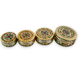 Stainless Steel Dabba Container Meenakari Rajwadi Decorative Oxidized Metal for Serving Dryfruit Chocolate Mukwas Festival Marriage Return Gift (SET OF 4 PCS)