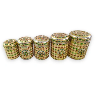 Meenakari Steel Dabba Box Set (Set of 5) Decorative Stainless Steel Container Box, Meenakari Storage Box / Chapati Box/ Roti Box, Multicolour and design