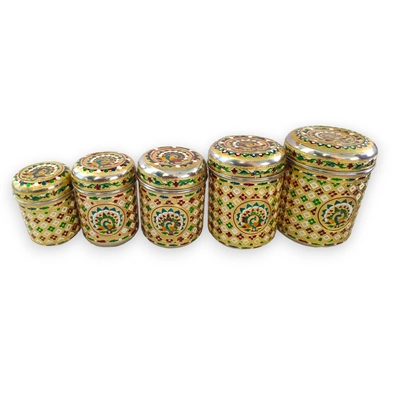 Meenakari Steel Dabba Box Set (Set of 5) Decorative Stainless Steel Container Box, Meenakari Storage Box / Chapati Box/ Roti Box, Multicolour and design