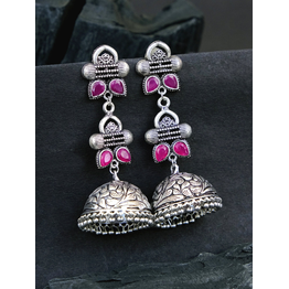 Gonasika Oxidised Silver Jhumka Earrings for Women with Pink Stones