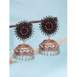 Gonasika Ethnic Oxidised Silver Multicolor Jhumka Earrings for Festive Fashion