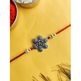 Gonasika Oxidised Silver Rakhi with Engraved Flower for Brother - Traditional Silver Rakhi Design