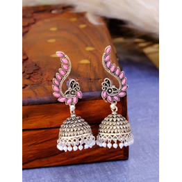 Gonasika New Design Oxidised Silver Jhumka Earrings with Pink Peacock - Perfect for Women and Girls