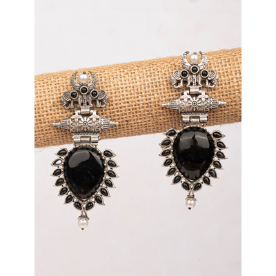 Gonasika Black Pearl-Studded Oxidised Silver Look Earrings for Fashionable Occasions