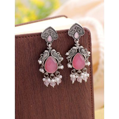 Gonasika Pink Drop Oxidised Silver Earrings with for Girls & Women