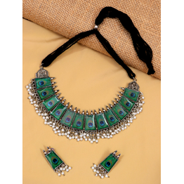 Gonasika Oxidised Silver-Plated Elegant Designer Peacock Feather Style Jewellery Set With Earring Set CFS0373