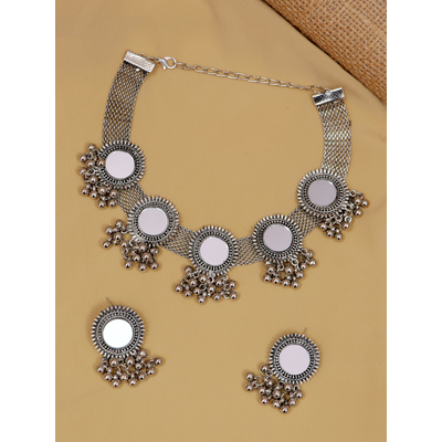 Gonasika Oxidised Silver Plated Mirror Work Set Fashionable Jewelry for Women and Girls