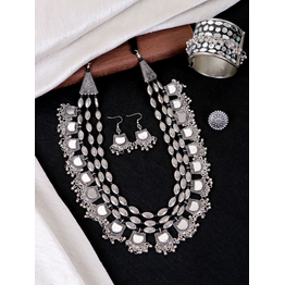 Gonasika Mirror Work Long Oxidised Silver Jewellery Set for Girls