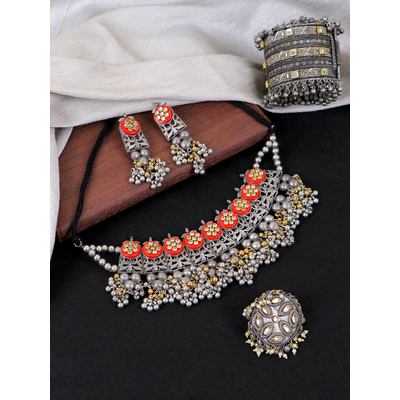 Gonasika Kundan Studded Oxidised Silver Jewellery Set for Women