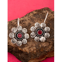 Gonasika Oxidised Silver Red Flower Earrings For Women and Girls