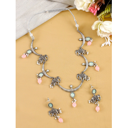 Gonasika Oxidised Silver Elephant Pattern Pink-Mint Green Drops Jewelry Set for Women