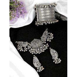 Gonasika Handcrafted Oxidised Silver Plated Peacock Choker Jewellery Set