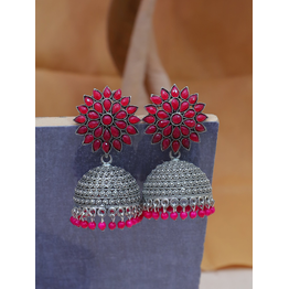 Gonasika Oxidised Silver Jhumka Earrings for Women - Royal Pink Floral Design