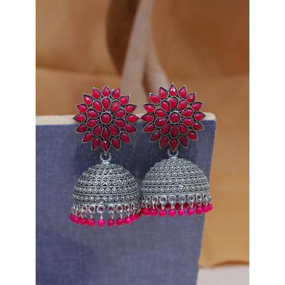 Gonasika Oxidised Silver Jhumka Earrings for Women - Royal Pink Floral Design