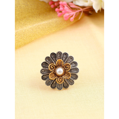 Gonasika Oxidised Silver Flower Shape Adjustable Ring for Girls