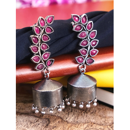 Gonasika Fashionable Silver Plated Pink Jhumka Earrings - Oxidised Silver Jhumkas for Women