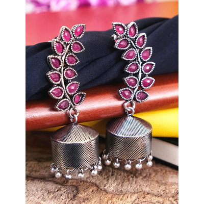 Gonasika Fashionable Silver Plated Pink Jhumka Earrings - Oxidised Silver Jhumkas for Women