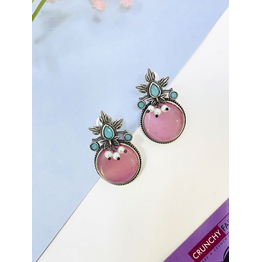 Gonasika Pink Monalisa Stone Oxidised Silver Everyday Stud Earrings for Women