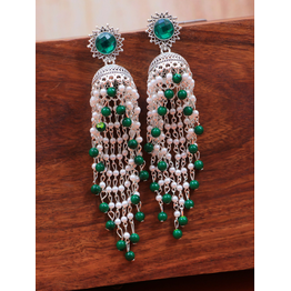 Gonasika Blue Pearls Oxidised Silver Long Ethnic Jhumka Earrings for Women