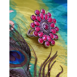 Gonasika Pink Crystal Oasis - Oxidised Silver Floral Ring for Everyday Chic