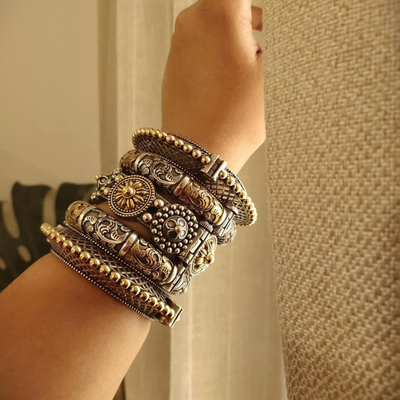 Gonasika MRIGNAYANI Silver Replica Dual Tone Bangles Stack