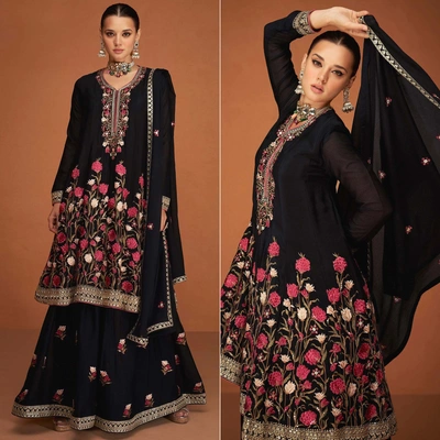 Black Floral Sequins Embroidered Georgette Sharara Suit