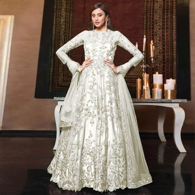 White Embellished With Embroidered Net Anarkali Suit