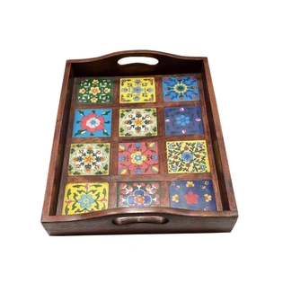 WOODEN TEASERVING TRAY WITH CERAMICTILES