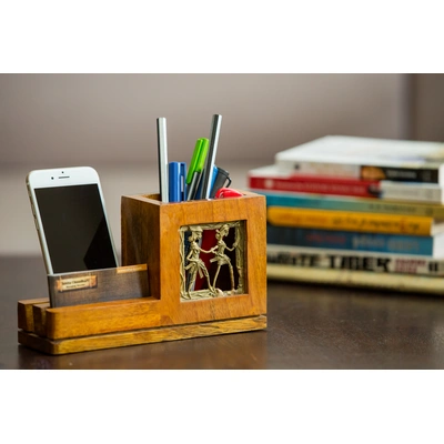 Mango Wood Pen Stand With Card & Mobile Holder