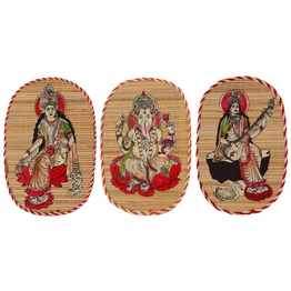 Archeiv Bamboo Hand Crafted Wall Hangings Of The Trio Of Ganesh Ji, Laxmi Ji And Sarwasti Ji Painting For Home Decor