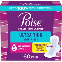 Poise Ultra Thin Incontinence Pads with Wings & Postpartum Incontinence Pads, 5 Drop Maximum Absorbency, Long Length, 60 Count (3 Packs of 20)