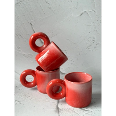 Red ceramic unique round shaped handle cup set of 3